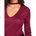 Keyhole Neck Ribbed T-shirt - Wine Red