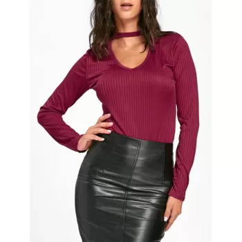Keyhole Neck Ribbed T-shirt - Wine Red