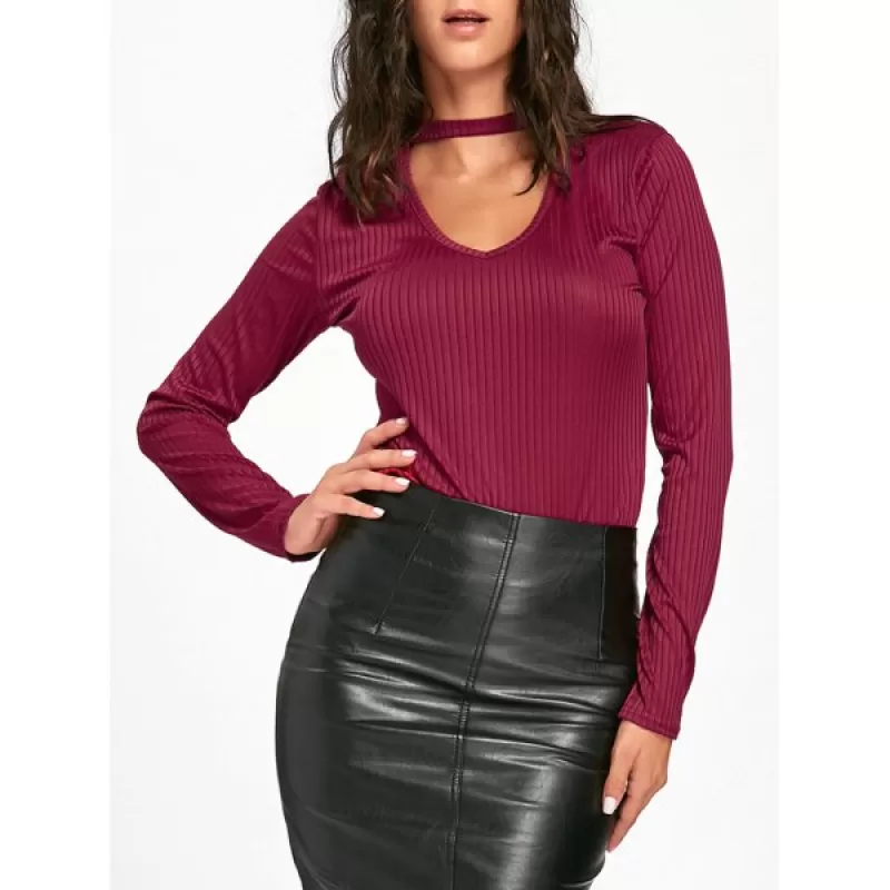 Keyhole Neck Ribbed T-shirt - Wine Red