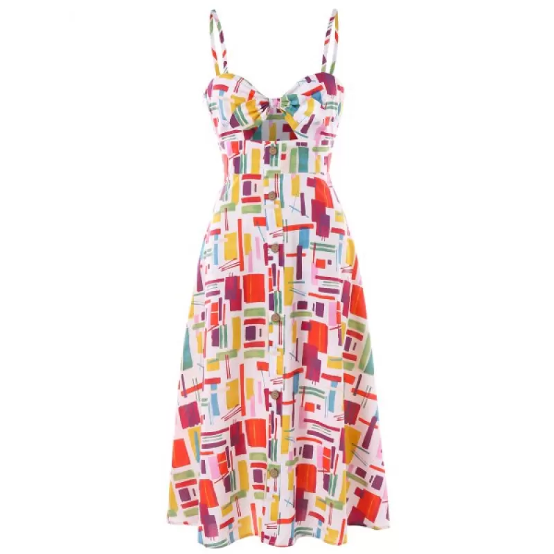 Knot Front Spaghetti Strap Print Dress -