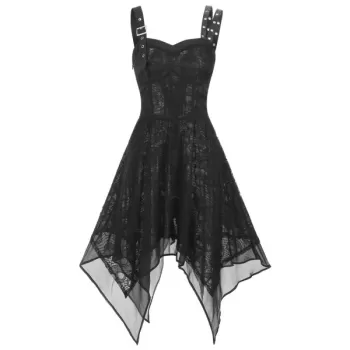 Lace Buckle Grommet Asymmetrical Handkerchief Dress - Black