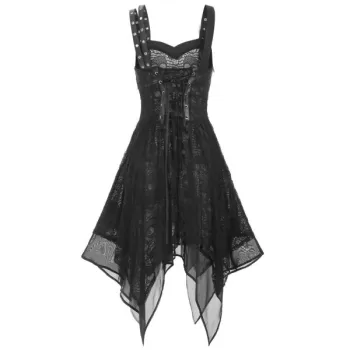 Lace Buckle Grommet Asymmetrical Handkerchief Dress - Black