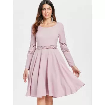 Lace Crochet Chiffon High Waist Dress - Light Pink