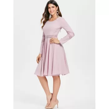 Lace Crochet Chiffon High Waist Dress - Light Pink