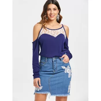 Lace Detail Long Sleeve T-shirt - Cadetblue