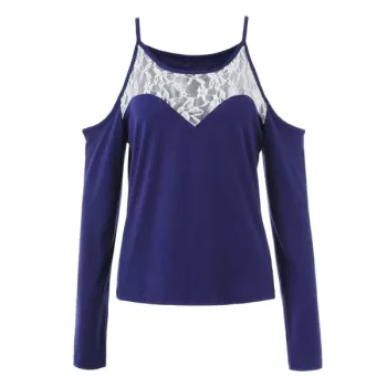 Lace Detail Long Sleeve T-shirt - Cadetblue