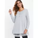 Lace Hem Button Detail T-shirt - Gray