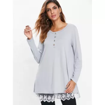 Lace Hem Button Detail T-shirt - Gray