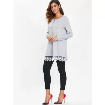 Lace Hem Button Detail T-shirt - Gray