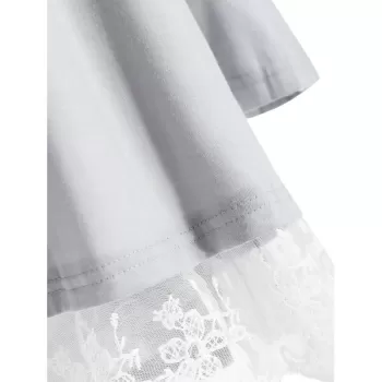 Lace Hem Button Detail T-shirt - Gray