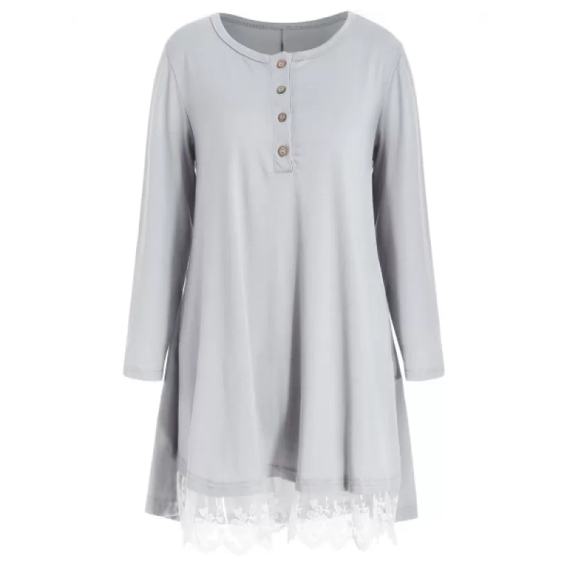 Lace Hem Button Detail T-shirt - Gray