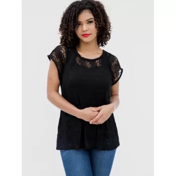 Lace Hollow Short Sleeve Summer Blouse - Black