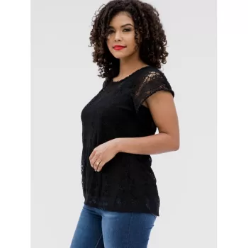Lace Hollow Short Sleeve Summer Blouse - Black