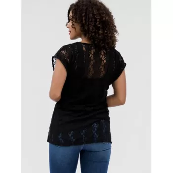 Lace Hollow Short Sleeve Summer Blouse - Black