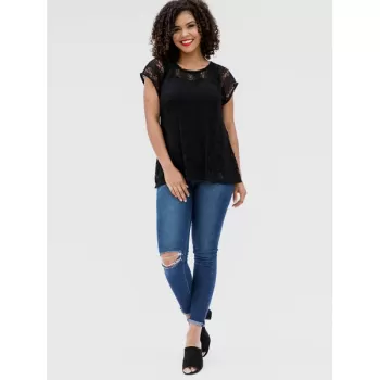 Lace Hollow Short Sleeve Summer Blouse - Black