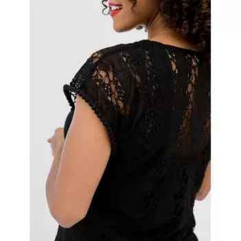 Lace Hollow Short Sleeve Summer Blouse - Black