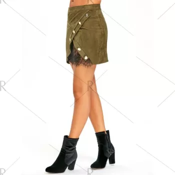 Lace Insert Buttoned ini Skirt - Army Green