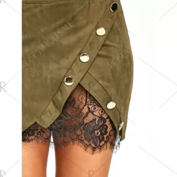 Lace Insert Buttoned ini Skirt - Army Green