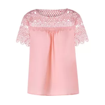 Lace Insert Hollow Out Blouse - Pig Pink