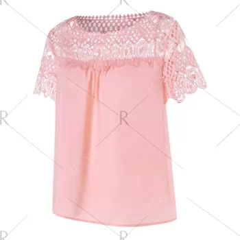 Lace Insert Hollow Out Blouse - Pig Pink