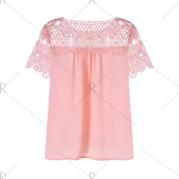 Lace Insert Hollow Out Blouse - Pig Pink