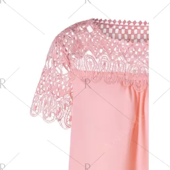 Lace Insert Hollow Out Blouse - Pig Pink