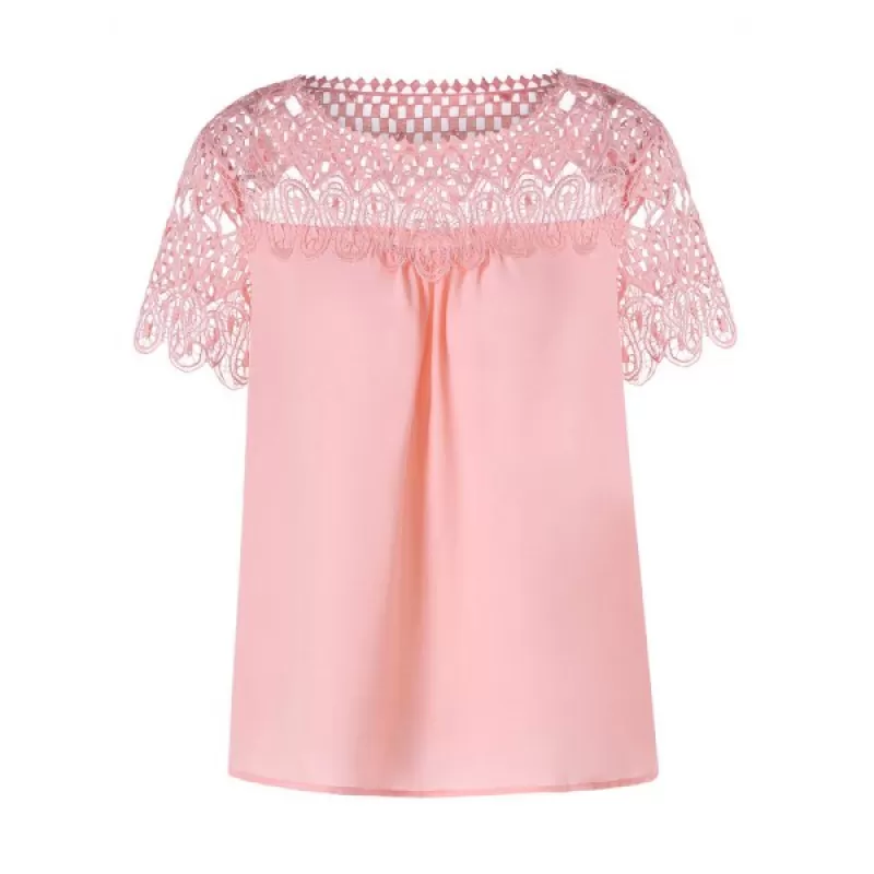 Lace Insert Hollow Out Blouse - Pig Pink