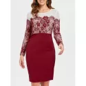 Lace Insert Long Sleeve Knee Length Dress - Red Wine