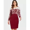 Lace Insert Long Sleeve Knee Length Dress - Red Wine