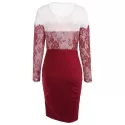 Lace Insert Long Sleeve Knee Length Dress - Red Wine