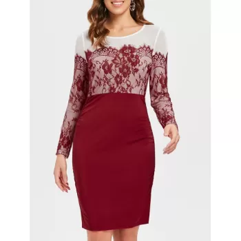Lace Insert Long Sleeve Knee Length Dress - Red Wine