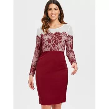 Lace Insert Long Sleeve Knee Length Dress - Red Wine