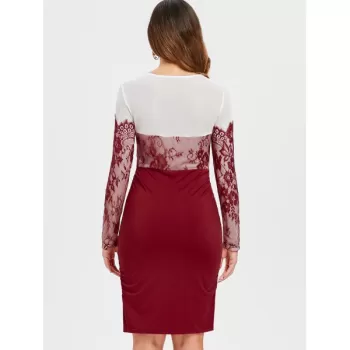 Lace Insert Long Sleeve Knee Length Dress - Red Wine