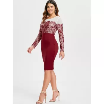 Lace Insert Long Sleeve Knee Length Dress - Red Wine