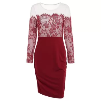 Lace Insert Long Sleeve Knee Length Dress - Red Wine