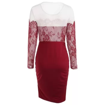 Lace Insert Long Sleeve Knee Length Dress - Red Wine