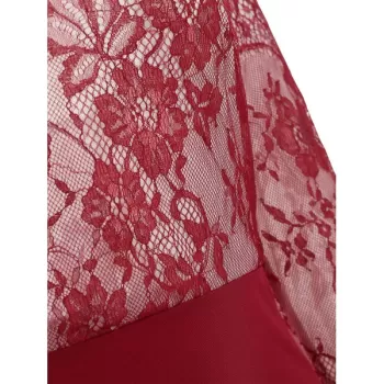 Lace Insert Long Sleeve Knee Length Dress - Red Wine
