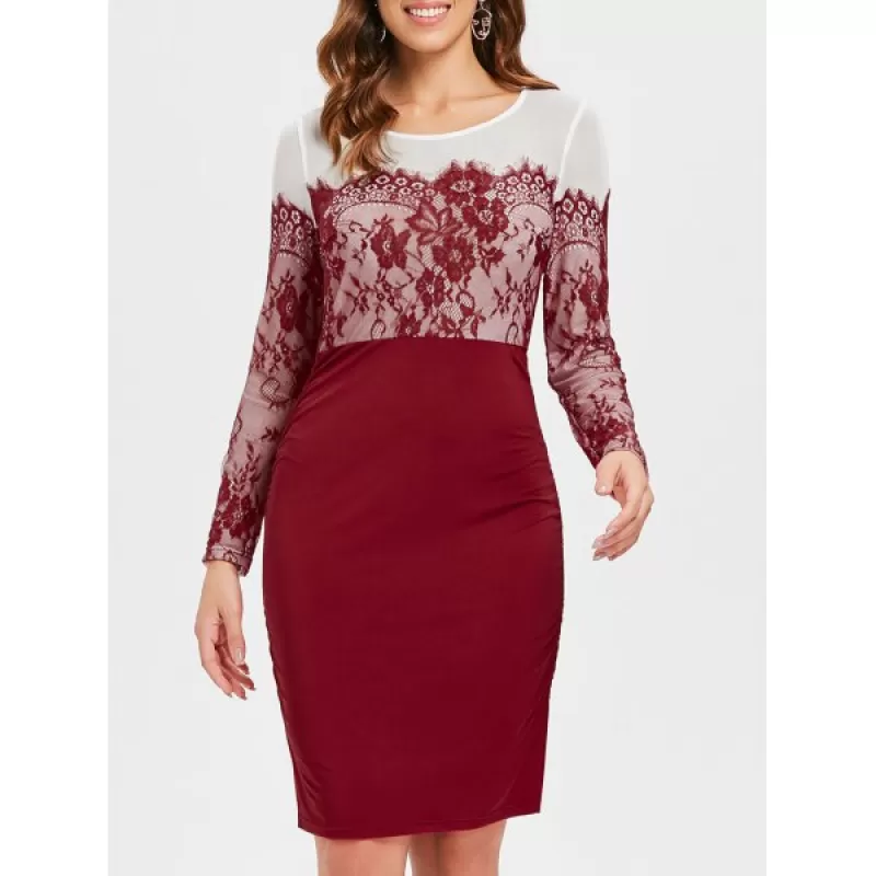 Lace Insert Long Sleeve Knee Length Dress - Red Wine