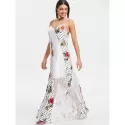 Lace Insert Print Spaghetti Strap axi Dress - White