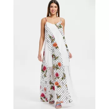 Lace Insert Print Spaghetti Strap axi Dress - White
