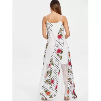 Lace Insert Print Spaghetti Strap axi Dress - White