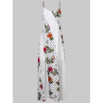 Lace Insert Print Spaghetti Strap axi Dress - White