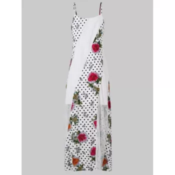 Lace Insert Print Spaghetti Strap axi Dress - White