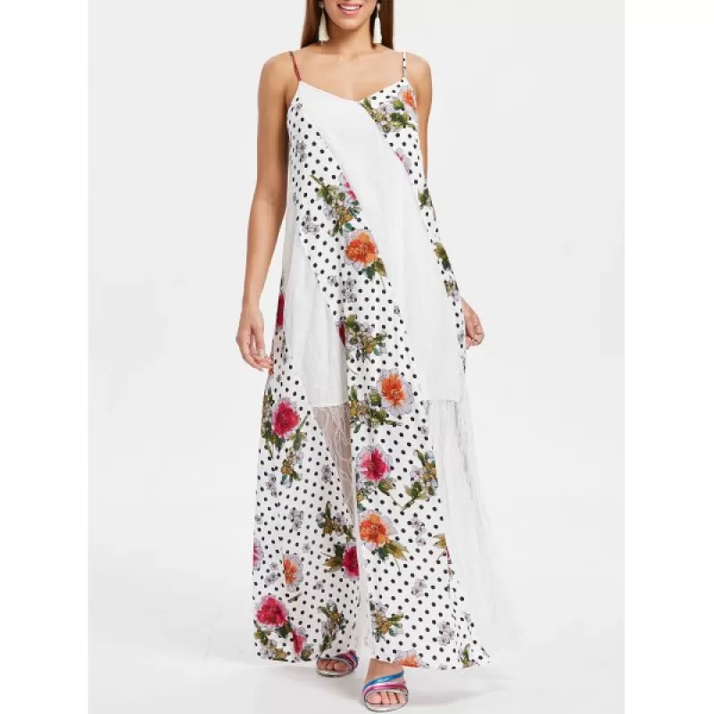 Lace Insert Print Spaghetti Strap axi Dress - White