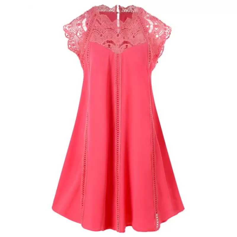 Lace Insert Swing ini Dress - Watermelon Pink