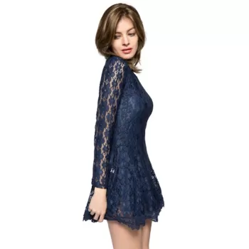 Lace Long Sleeve Short Cocktail Dress - Sapphire Blue