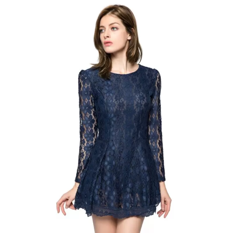 Lace Long Sleeve Short Cocktail Dress - Sapphire Blue