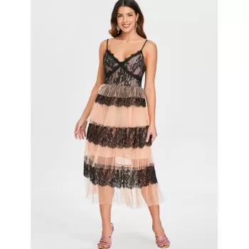 ace Mesh Insert A ine Midi Dress - Black