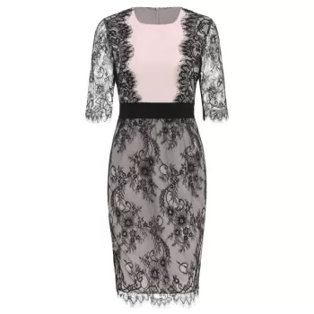 Lace Overlay Knee Length Dress - Pig Pink