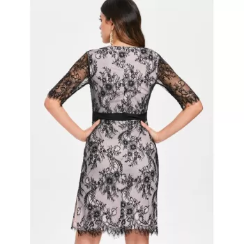 Lace Overlay Knee Length Dress - Pig Pink